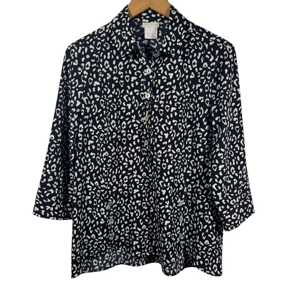 Beau Chemise Top Women S Black White Leopard Shell Button Down 3/4 Sleeve Career